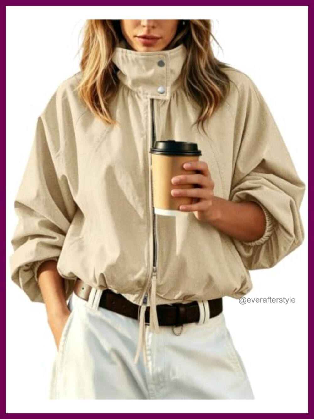 Women's Cropped Bomber Jacket Funnel Neck Zip-Up Casual Outerwear